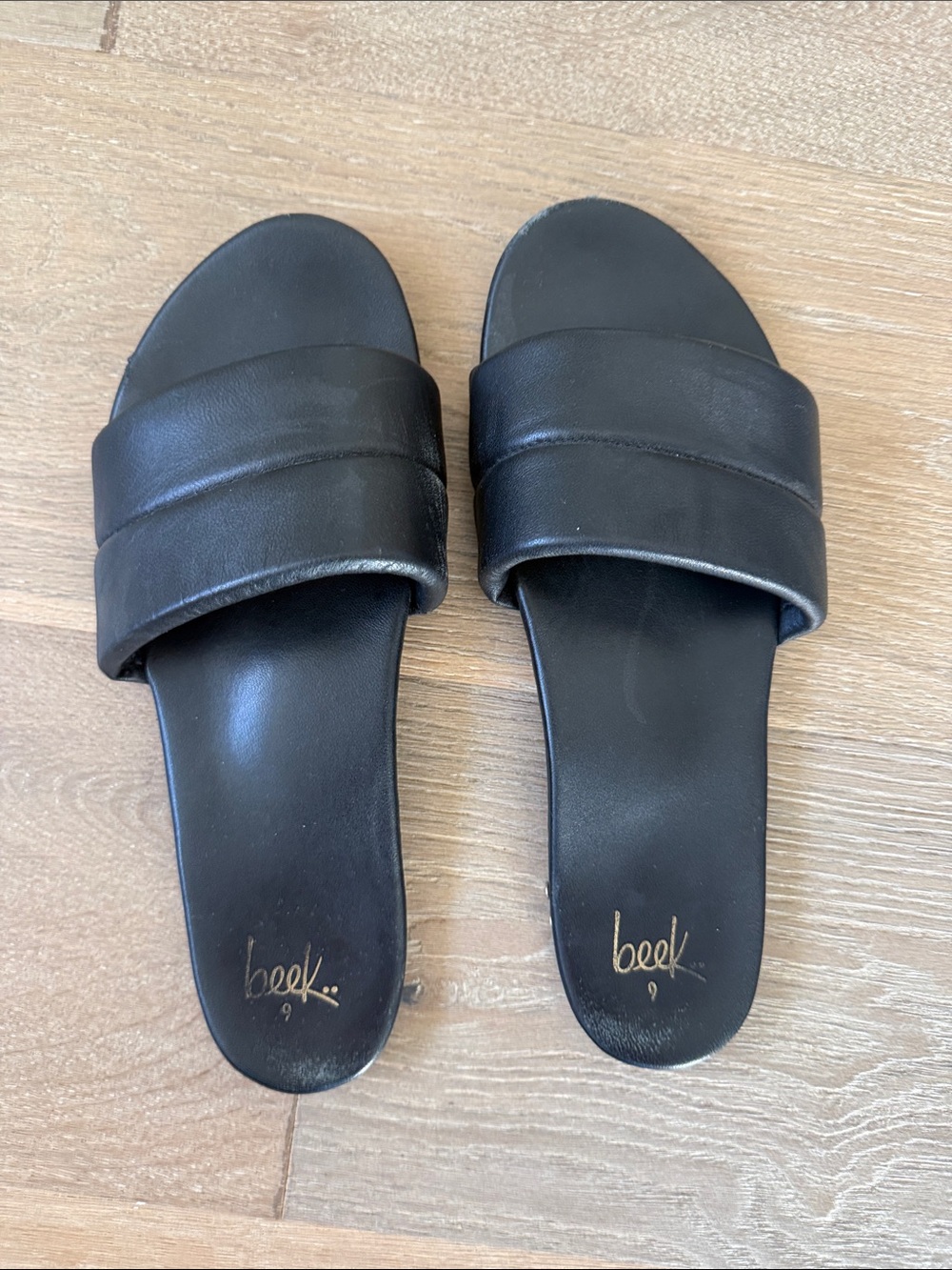 beek Black Leather Sugarbird Slide Sandals